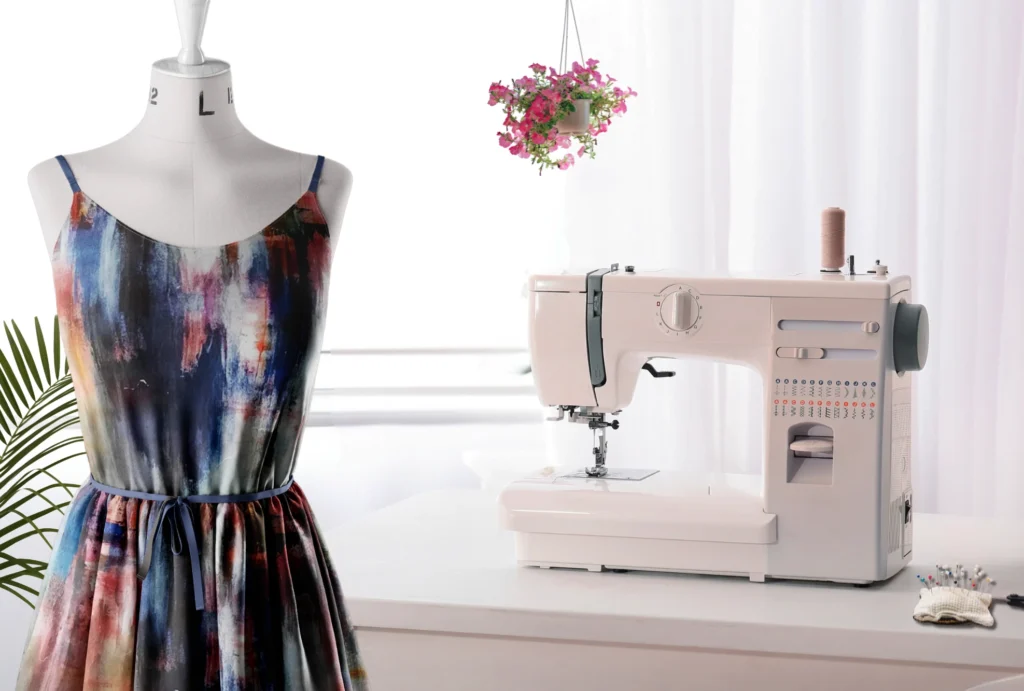 Mannequin with sewing machine